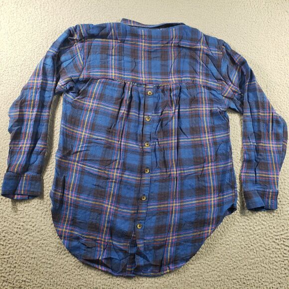 Anthropologie Shirt Womens Medium Blue 1/2 Button Isadora Flannel Plaid Stretch - Picture 8 of 11